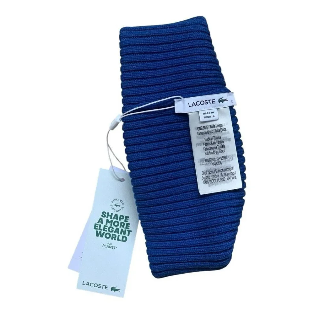 Lacoste Unisex Rib Knit Beanie Hat Wool Cuffed Winter Cap w/ Crocodile Logo Blue